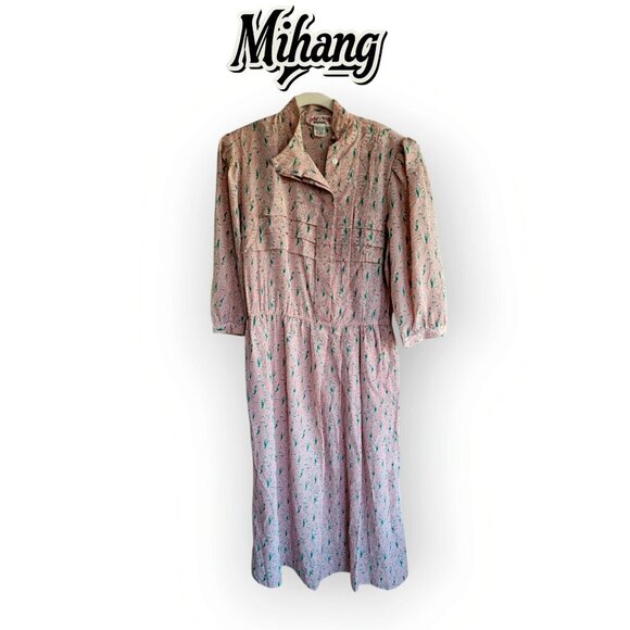 Retro 1980s Green Pink Maxi Dress Mihang Size 8 - Picture 1 of 7